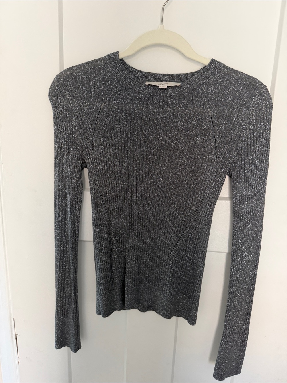 LOFT Shimmery Ribbed Long-Sleeve Top - Silver Gray